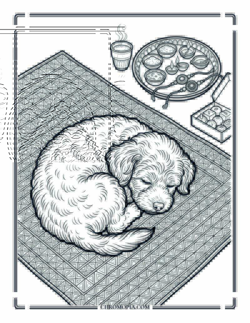 Sleeping Puppy Puja Thali Woven Rug Raksha Bandhan Coloring Page
