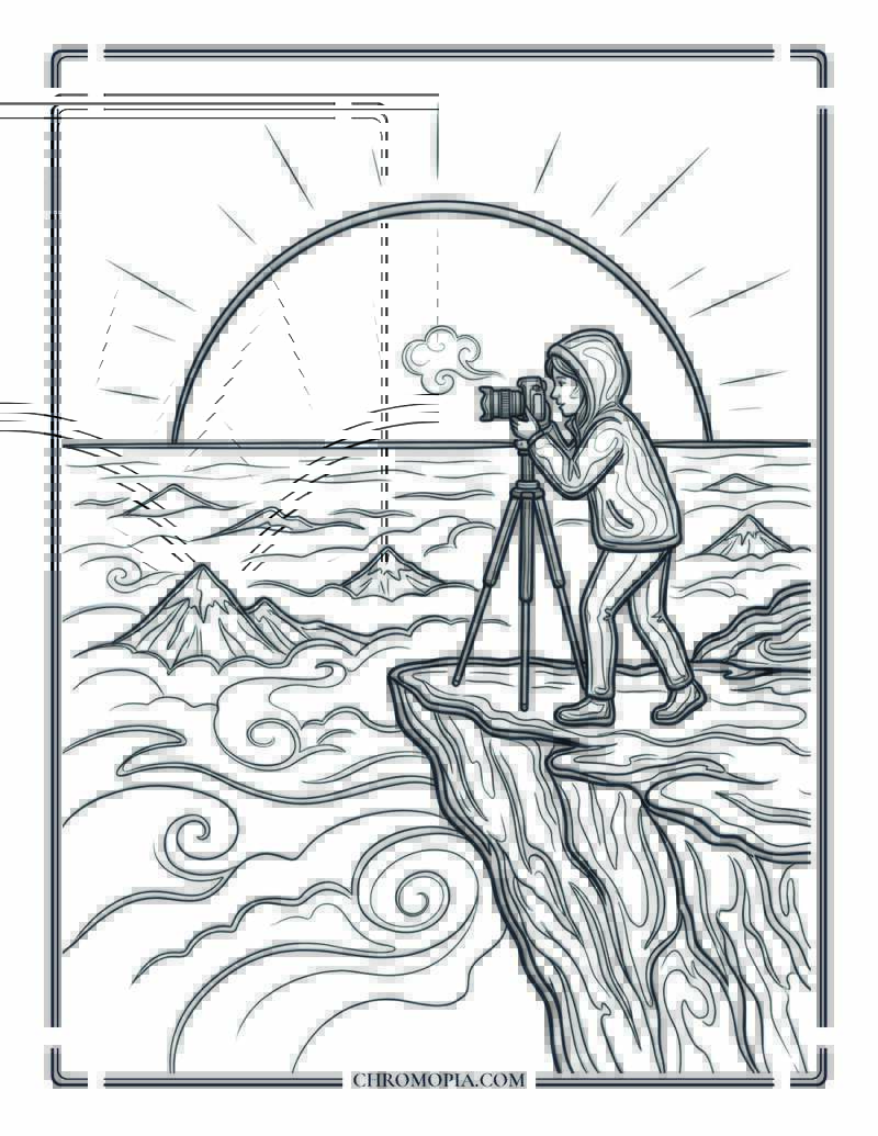 Mountain Landscape Photographer At Dawn Coloring Page