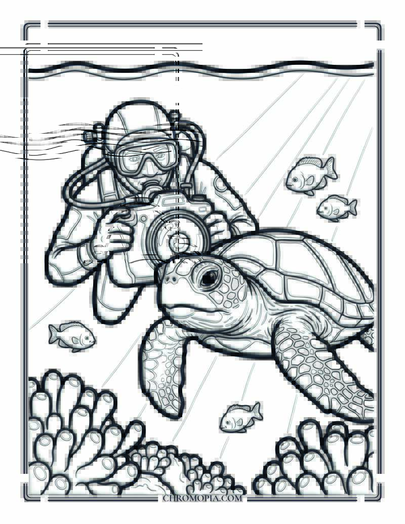 Underwater Photographer With Sea Turtle Coloring Page