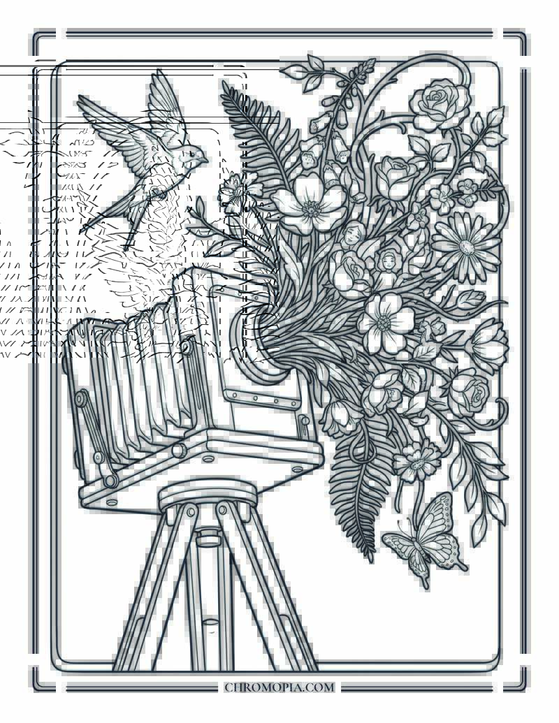 Nature Bursting From A Vintage Camera Lens Coloring Page