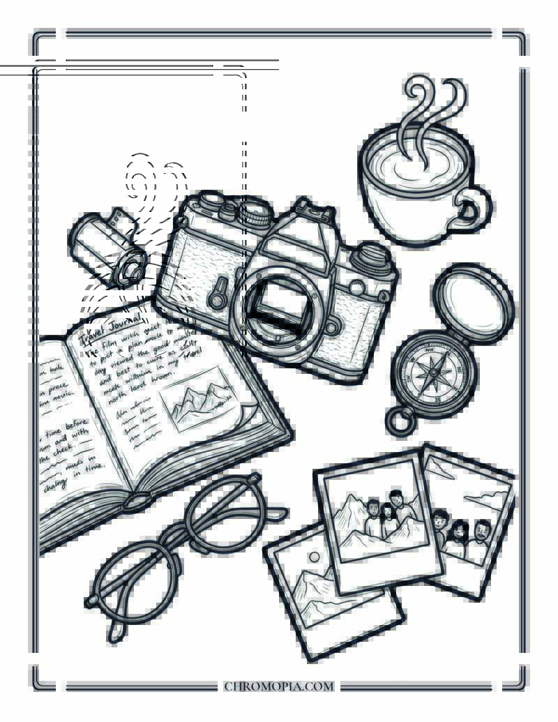 Photographer Desk Flat Lay On World Photography Day Coloring Page