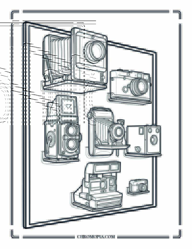 Vintage Camera Collection On World Photography Day Coloring Page