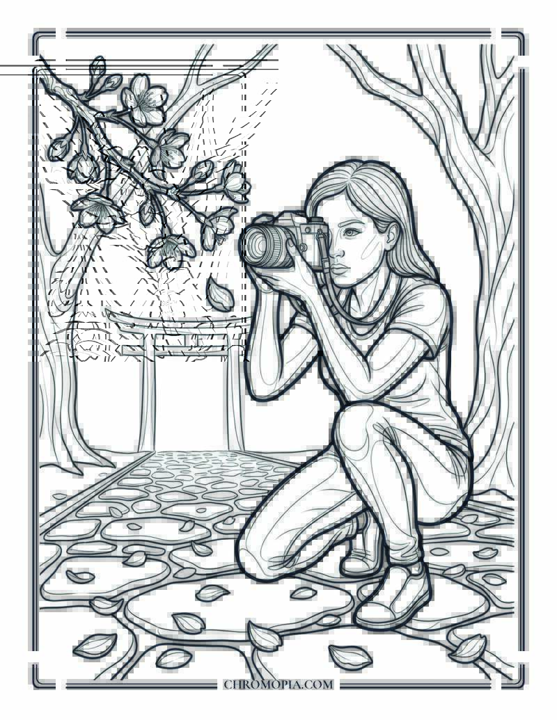 Japanese Cherry Blossom Photographer Coloring Page