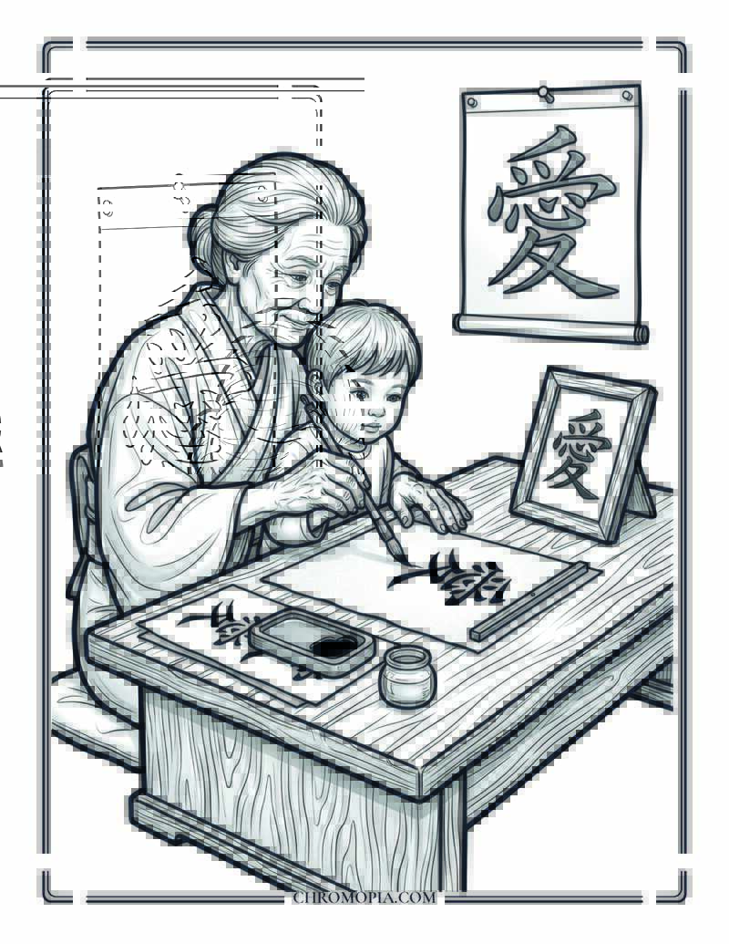 Elder Teaching Calligraphy To A Child On Senior Citizens Day Coloring Page