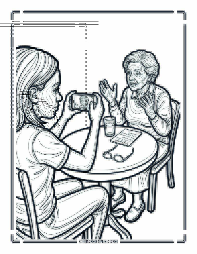 Grandchild Filming Grandparent Oral History Reel Coloring Page