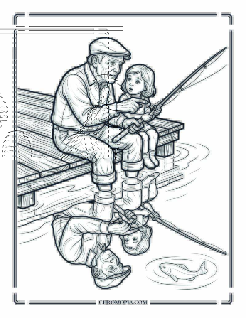 Grandfather Teaching Granddaughter To Fish On Senior Citizens Day Coloring Page