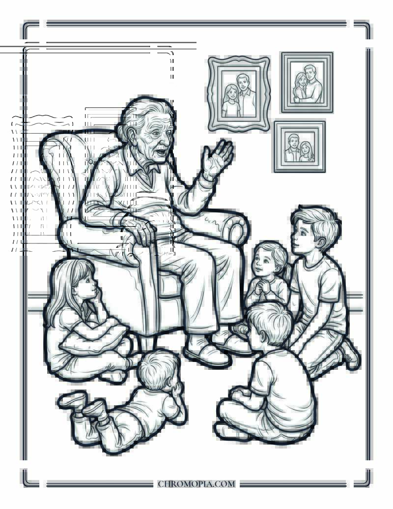 Grandparent Storytelling Circle On Senior Citizens Day Coloring Page