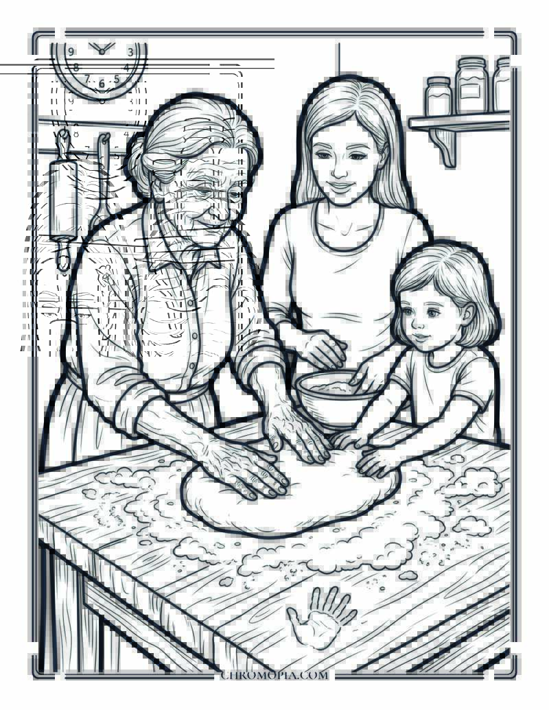 Three Generations Baking Together On Senior Citizens Day Coloring Page