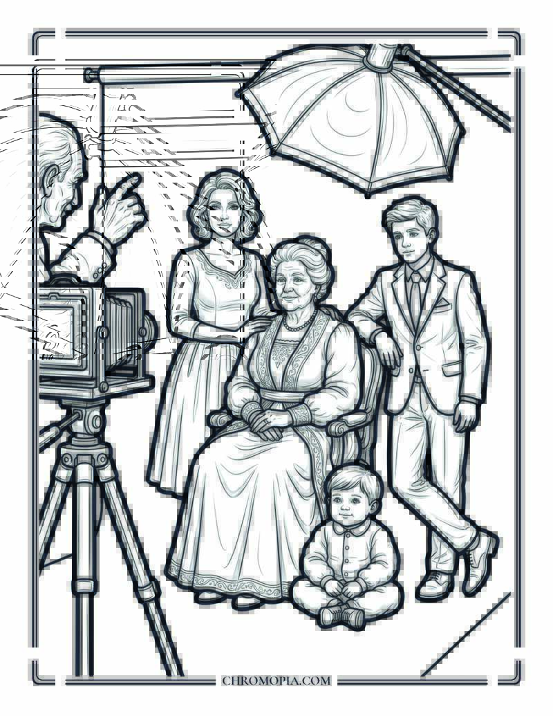 Three Generations Portrait Studio Session On Senior Citizens Day Coloring Page