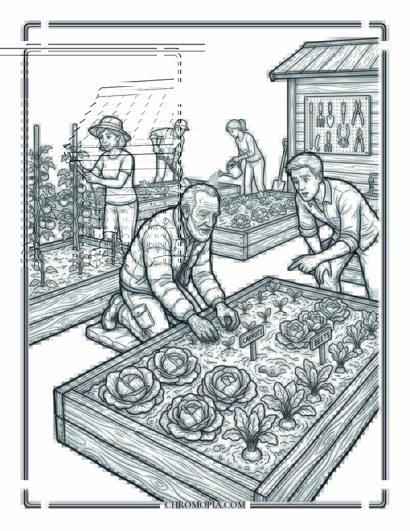 Senior Man Tending A Community Garden On Senior Citizens Day Coloring Page