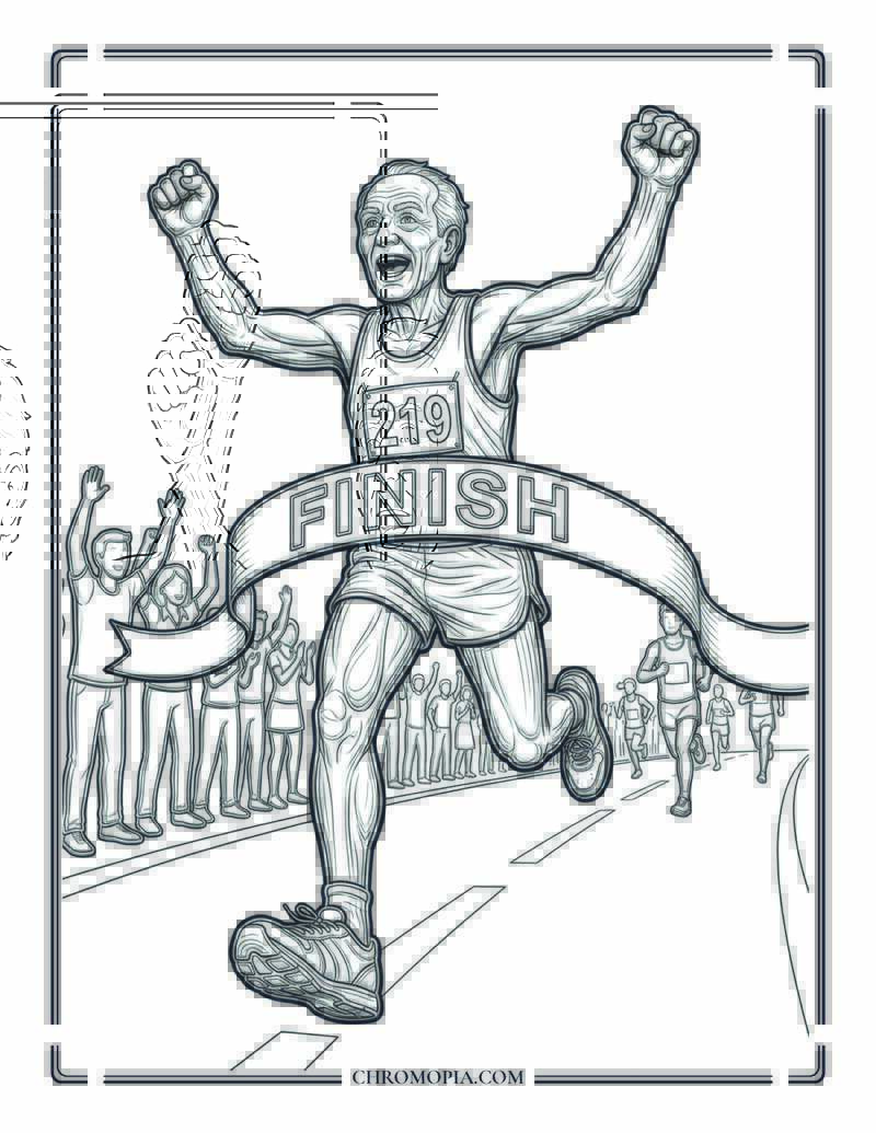 Senior Marathon Runner Crossing The Finish Line Coloring Page