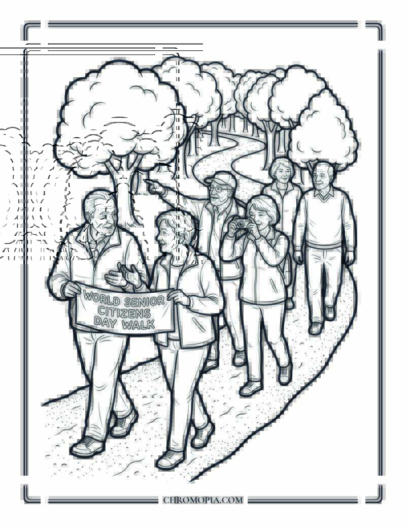 World Senior Citizens Day Group Hike Coloring Page