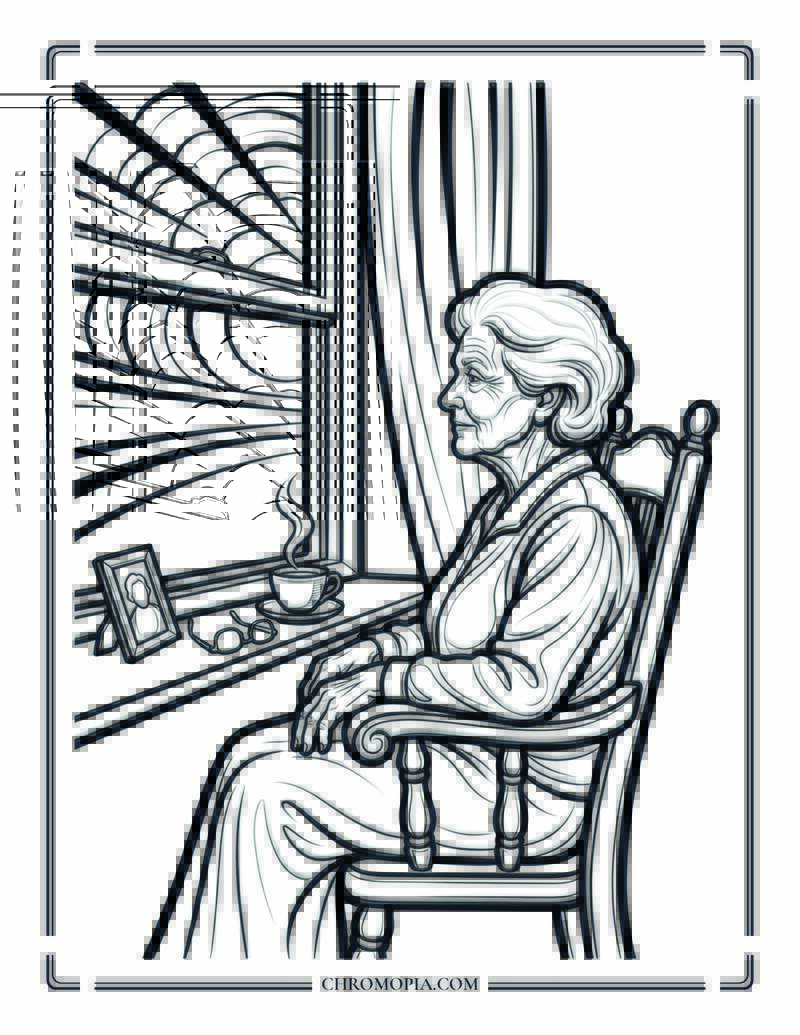 Elder At The Window At Golden Hour World Senior Citizens Day Coloring Page