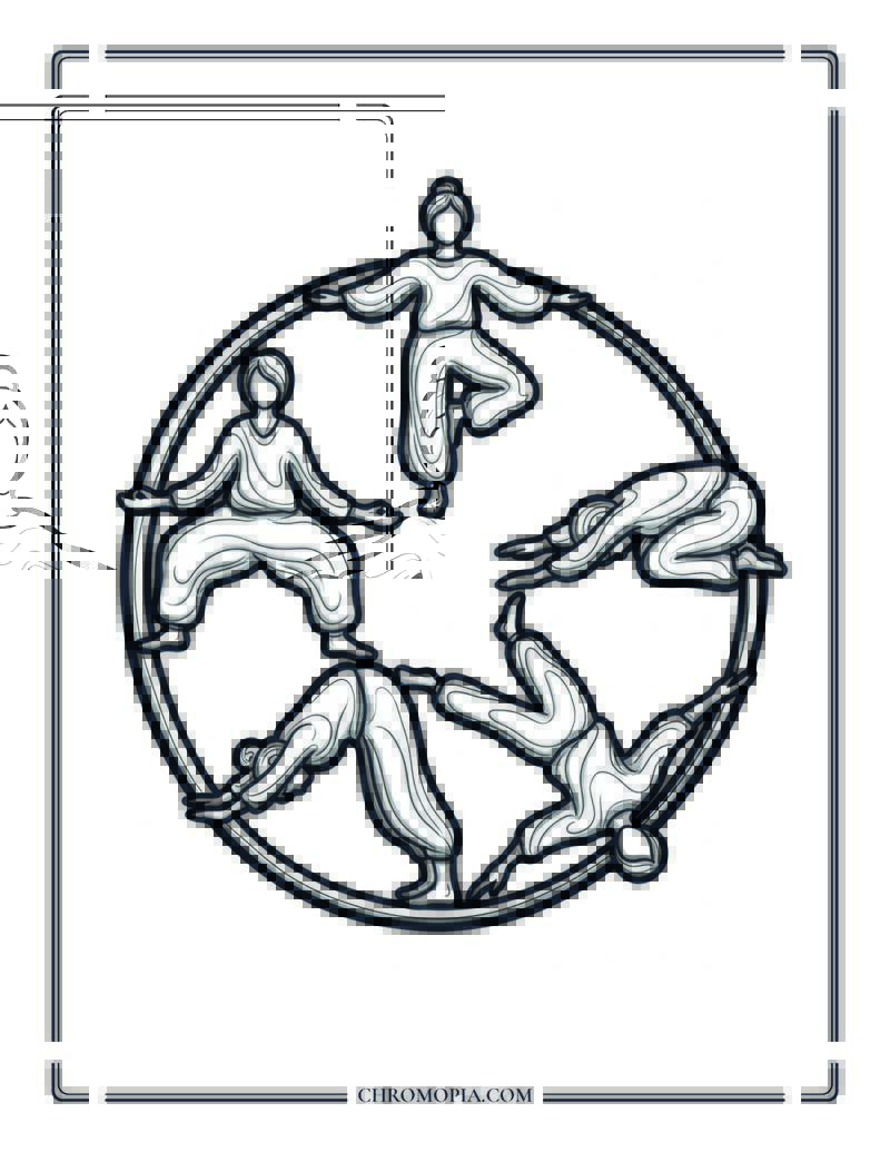 Circle Of Yoga Figures Connected Balance Coloring Page