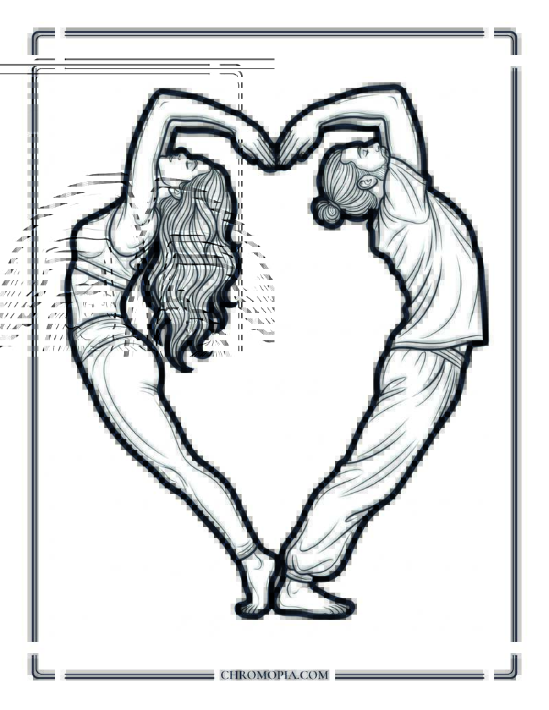 Dual Yoga Figures Forming Heart Balance Coloring Page