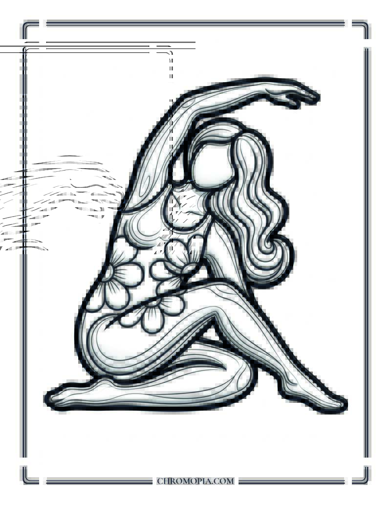 Floral Body Flowing Yoga Woman Side Pose Coloring Page