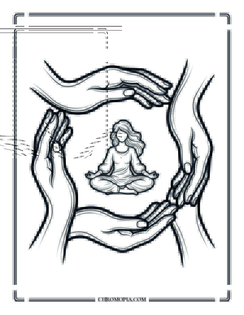 Hands Forming Circle With Small Yoga Figure Center Coloring Page