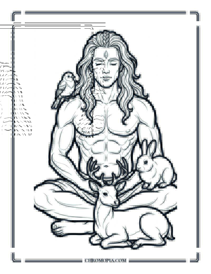Powerful Meditation Man With Animals Connection Coloring Page