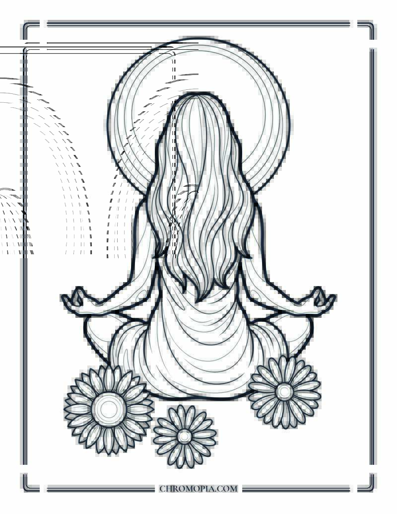 Sun Halo Flower Field Meditation Woman Coloring Page