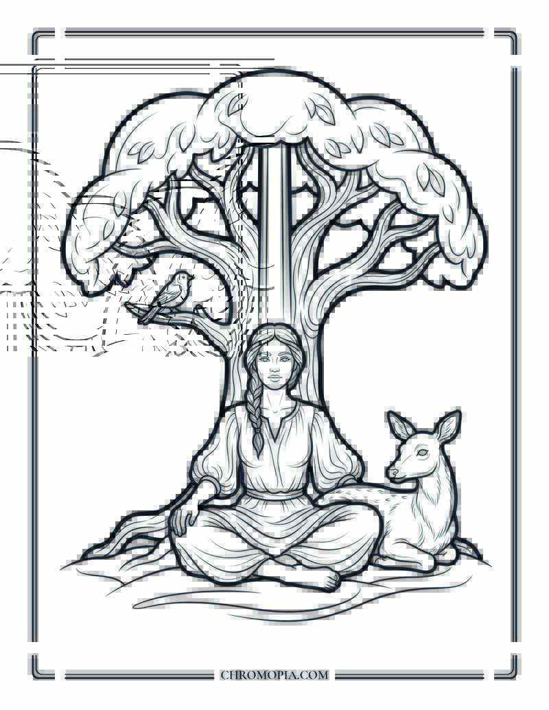 Tree Light Connection Meditation Woman Nature Coloring Page