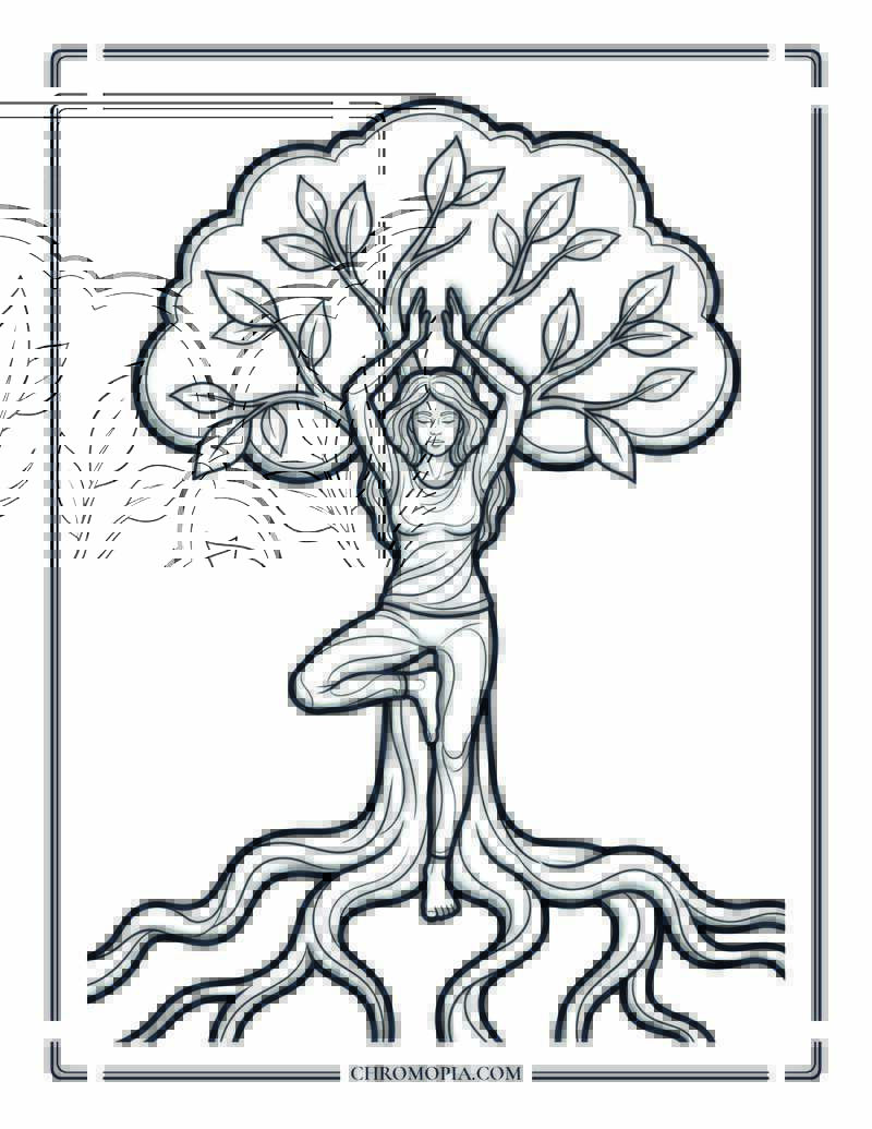 Woman Rooted Tree Yoga Nature Connection Coloring Page