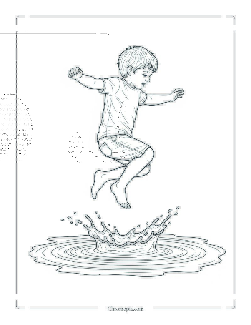 1  Child Jumping In Rain Puddle Coloring Page