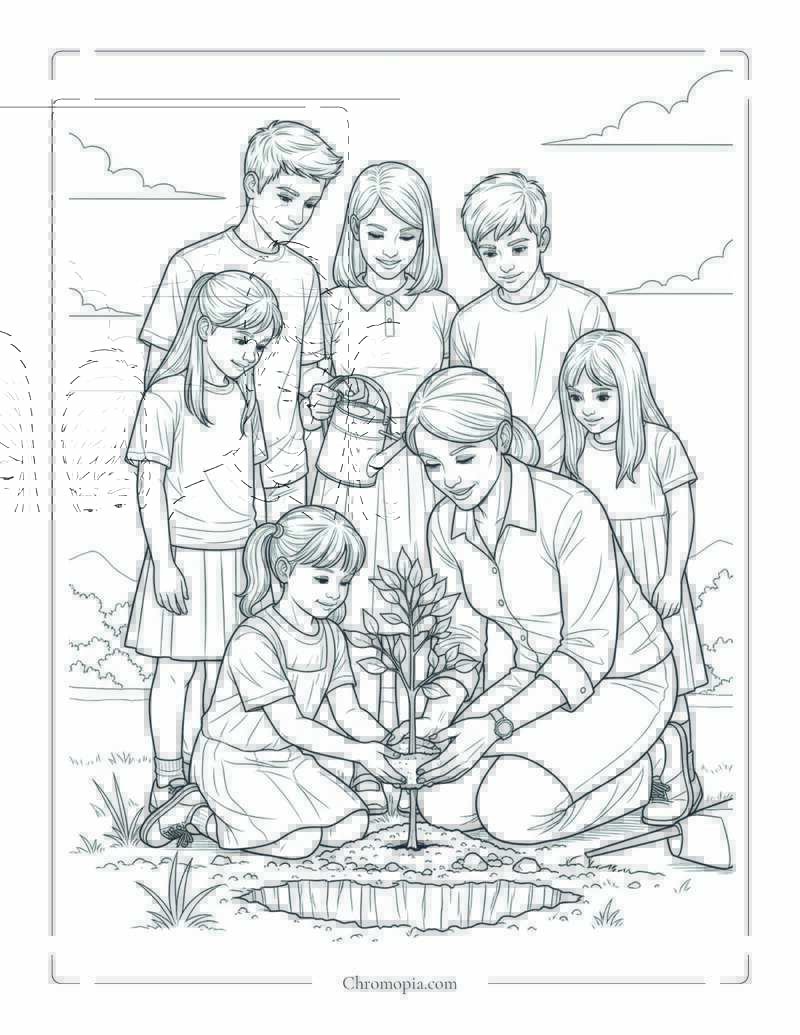 10  Teacher And Students Planting Tree Coloring Page