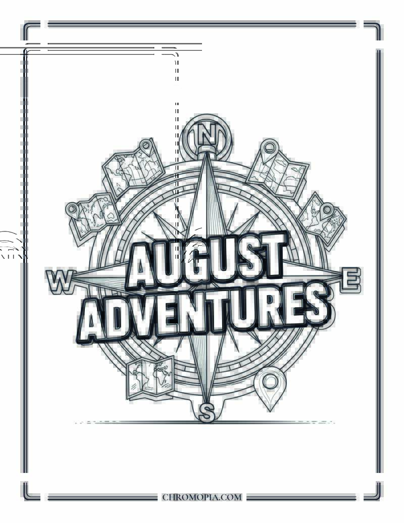 August Adventures Bold Lettering With Compass Coloring Page