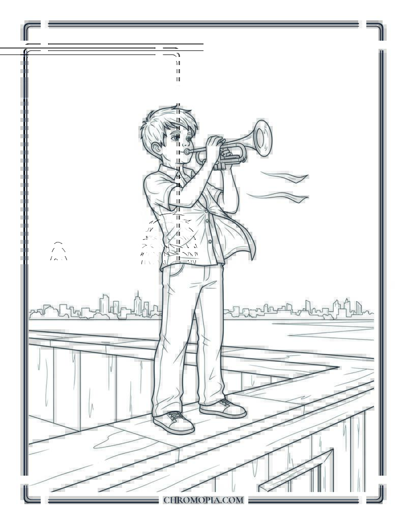 Boy Playing Trumpet On Rooftop At Summer Evening Coloring Page