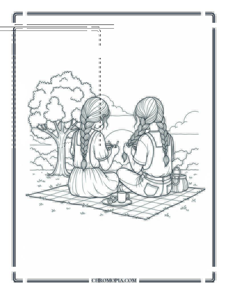 Girl Braiding Friend's Hair On Picnic Blanket At Sunset Coloring Page
