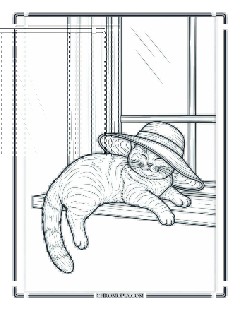 Relaxed Cat In Oversized Sun Hat On Windowsill Coloring Page