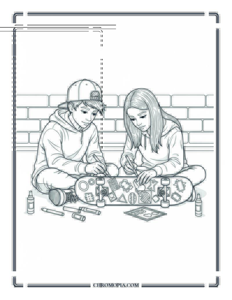 Teen Customizing Skateboard Deck With Paint Markers Coloring Page