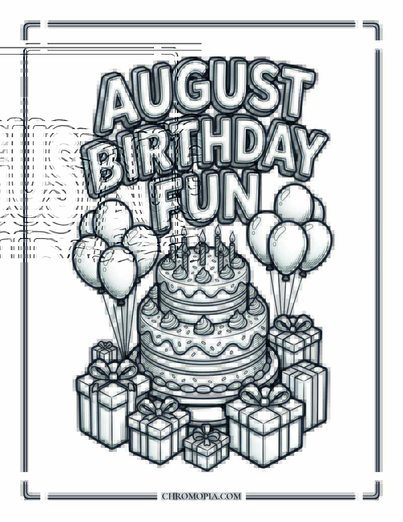 August Birthday Cake Balloons And Gifts Coloring Page