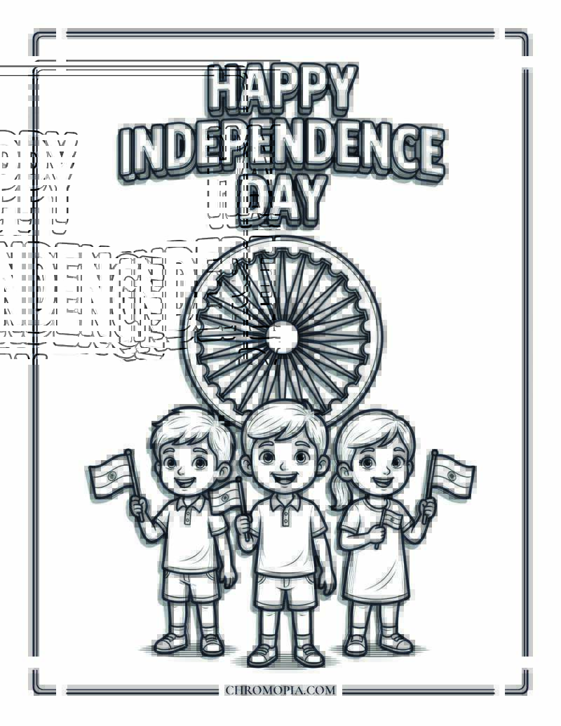 India Independence Day Children Holding Flags Coloring Page