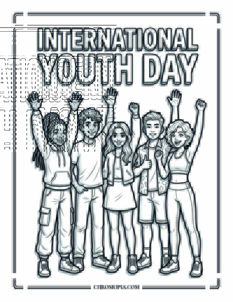 International Youth Day Diverse Teens With Raised Hands Coloring Page