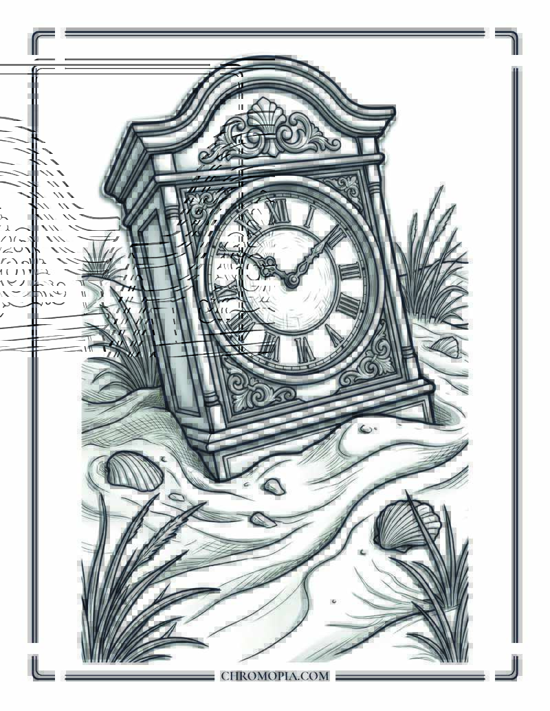 Antique Clock Half Buried In Sand At Beach Coloring Page