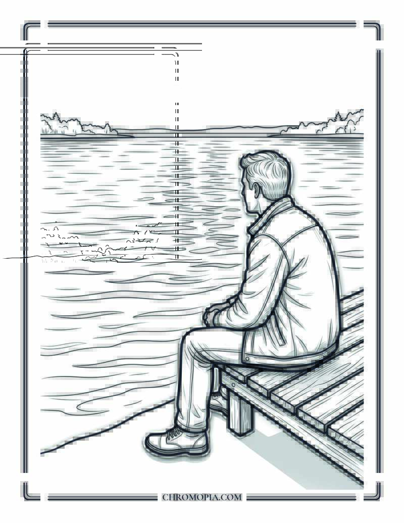 Man Sitting Alone On Wooden Dock At Sunset Coloring Page