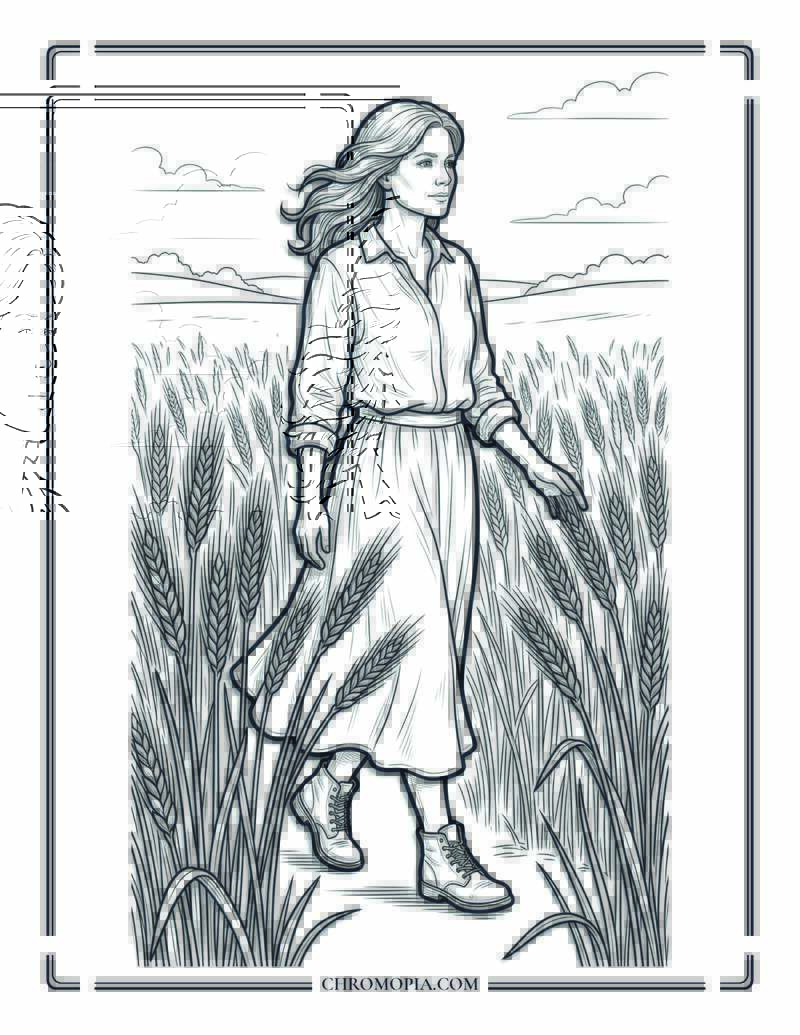 Woman Walking Slowly Through Golden Wheat Field Coloring Page