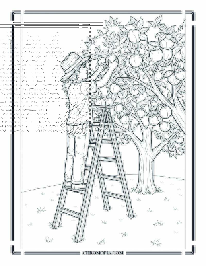 Child Picking Peaches From Tree On Wooden Ladder Coloring Page