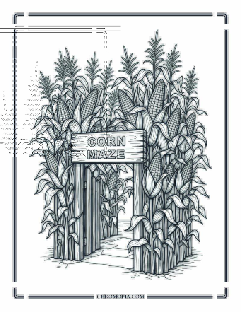 Cornfield Maze Entrance With Wooden Sign Coloring Page