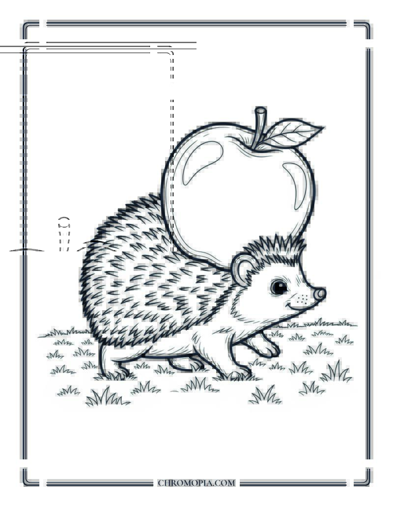 Hedgehog Carrying Large Apple Across Grassy Field Coloring Page