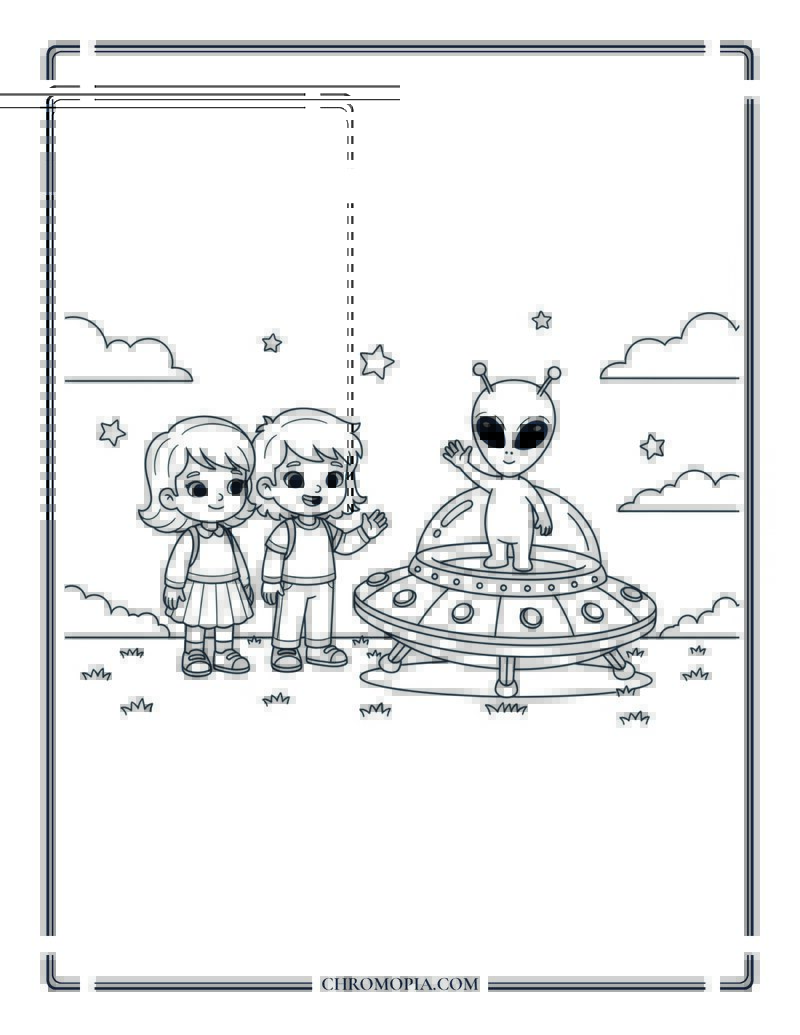 Kids Meeting Friendly Alien By Spaceship In Night Field Coloring Page