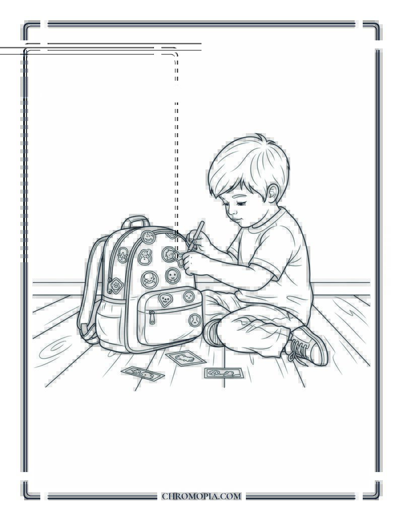 Child Decorating School Backpack With Stickers Coloring Page