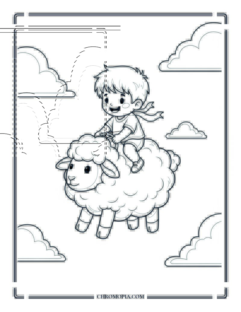 Child Riding Fluffy Cloud Shaped Like Sheep Coloring Page