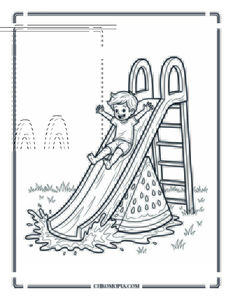 Child Sliding Down Giant Watermelon Slide Coloring Page