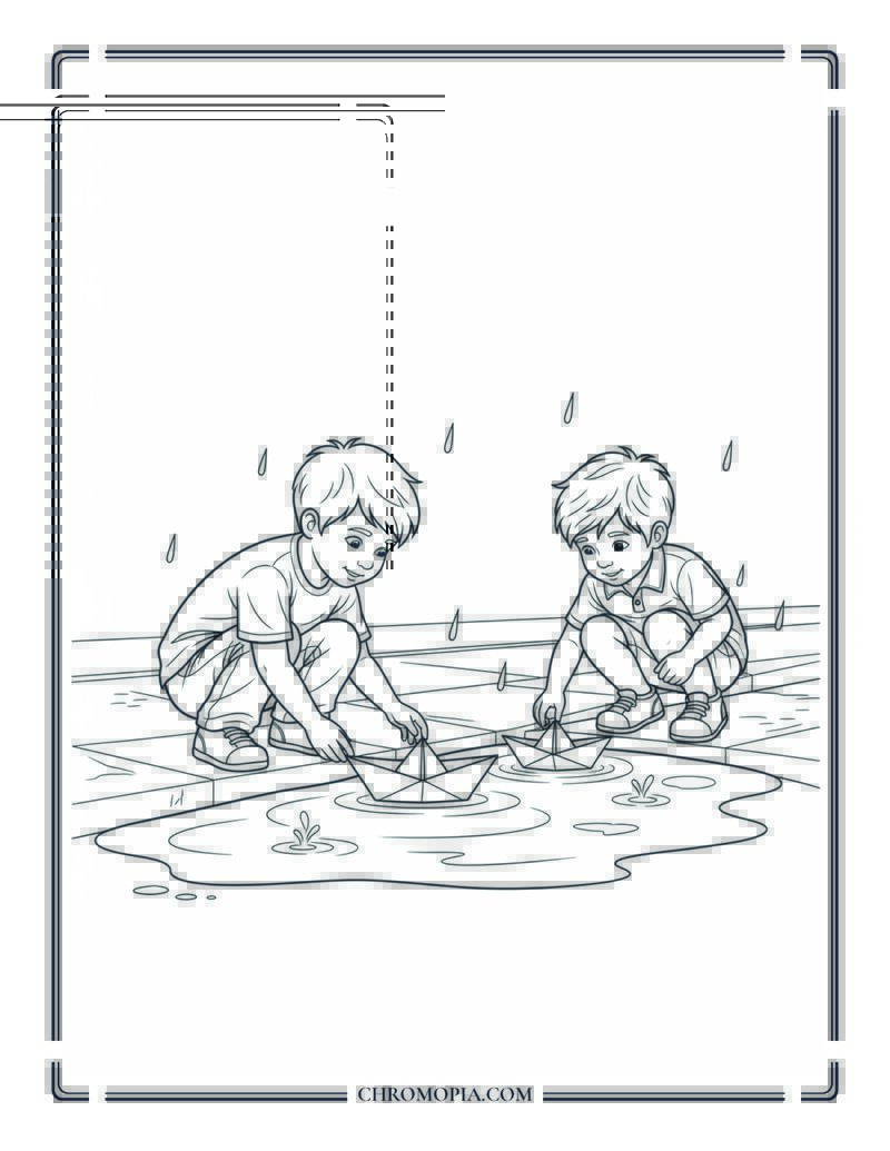 Siblings Racing Paper Boats In Monsoon Puddle Coloring Page