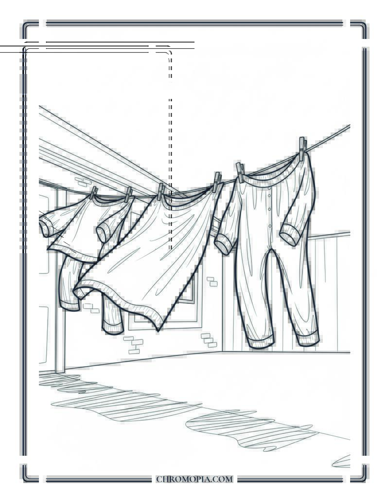 Clothes Drying On Line In August Warm Breeze Coloring Page