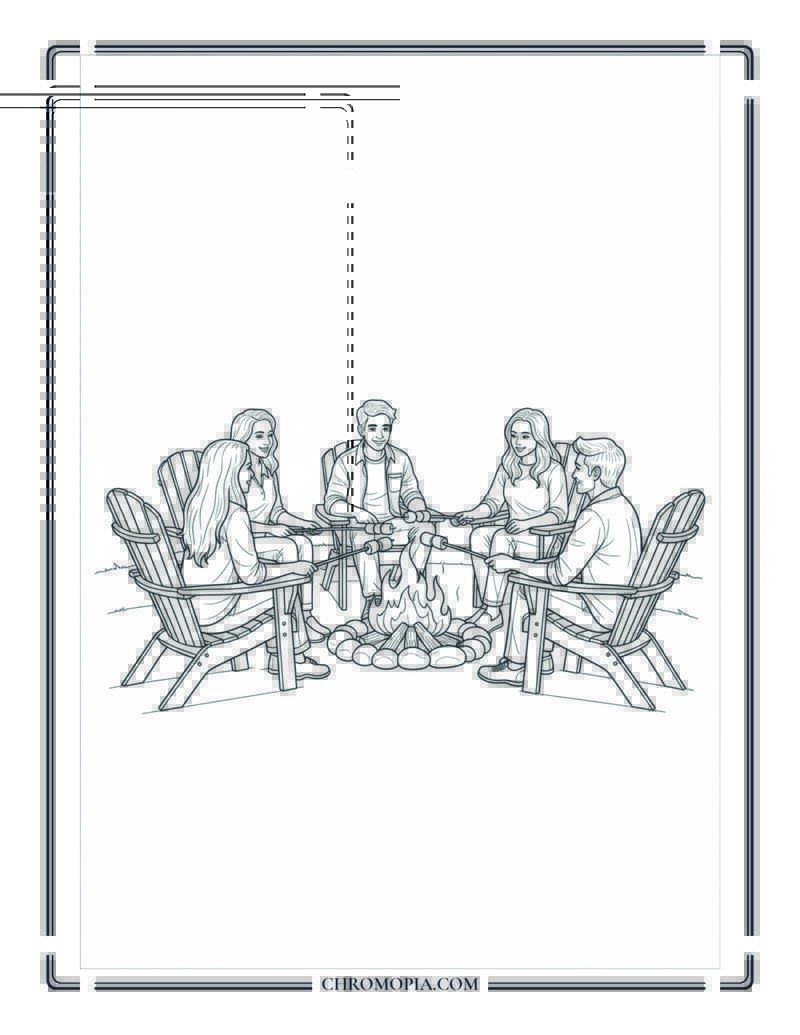 Friends Roasting Marshmallows Around Backyard Bonfire Coloring Page