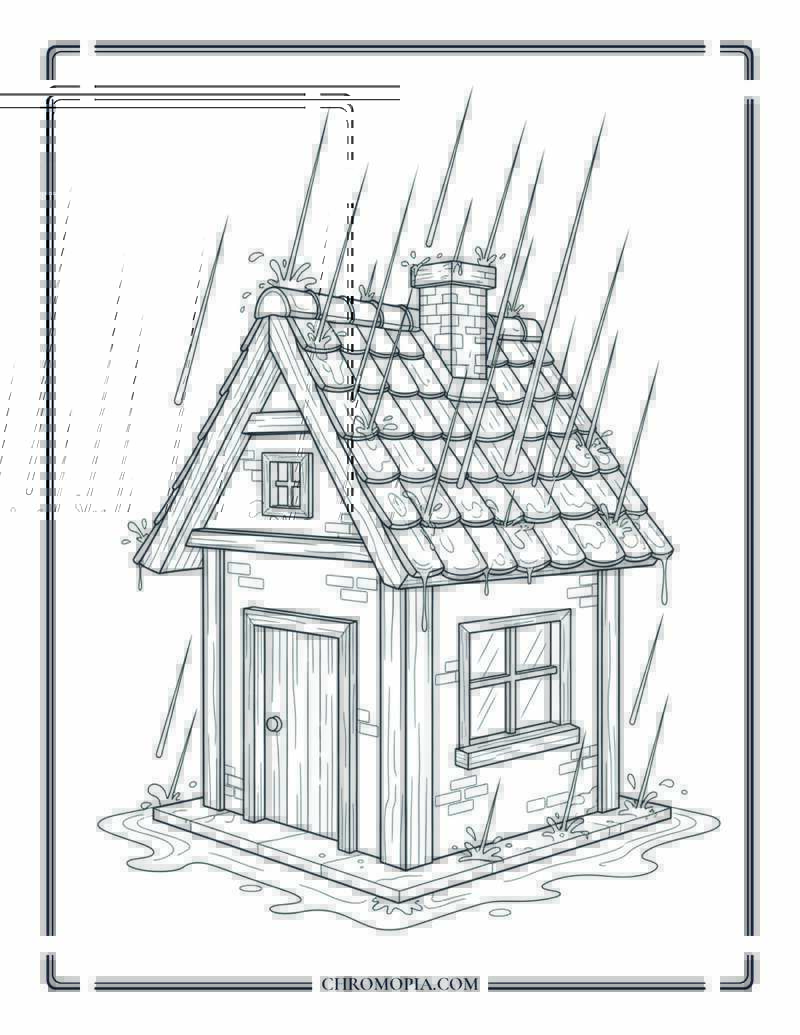 Heavy Monsoon Rain Falling On Village Rooftop Coloring Page