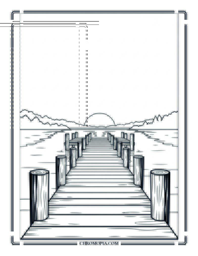 Wooden Pier Extending Into Still Lake At Dusk Coloring Page